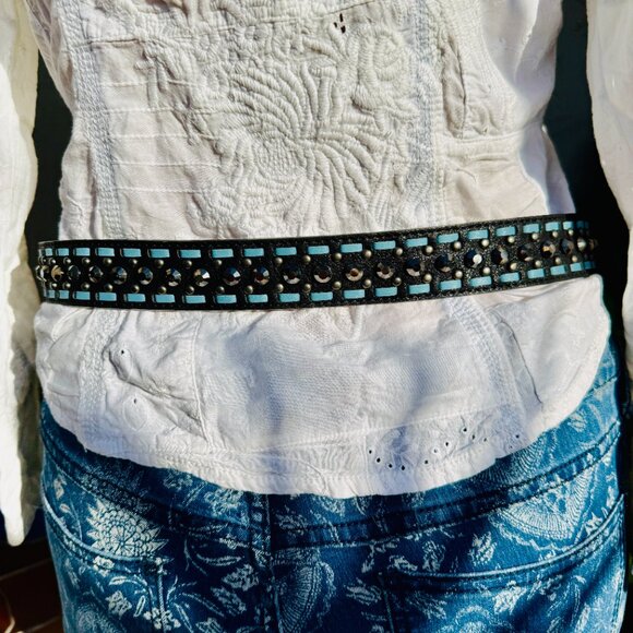 Black & Blue Leather Western Belt w/ Black Crystals - Picture 2 of 9
